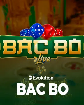 Ficha do Bac Bo ao vivo, com três dados coloridos acima do nome do jogo e a marca da Evolution impressa no meio da arte.