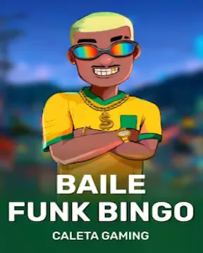 Ficha do Baile Funk Bingo: personagem de camisa amarela e óculos coloridos, com a assinatura da Caleta Gaming logo abaixo do nome do título.