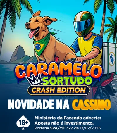 Peça de lançamento do Caramelo Sortudo Crash Edition, com o cachorro caramelo ao lado de um entregador de moto e a tarja legal ocupando a base da arte.