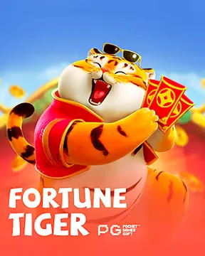 Ficha do Fortune Tiger, da PG Soft: o tigre de casaco vermelho segurando um envelope sobre fundo dourado.
