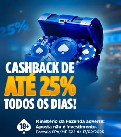 Banner do site divulgando cashback de até 25% todos os dias.