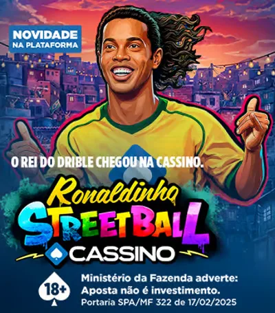 Banner do jogo Ronaldinho Streetball com a imagem e a marca do Ronaldinho.