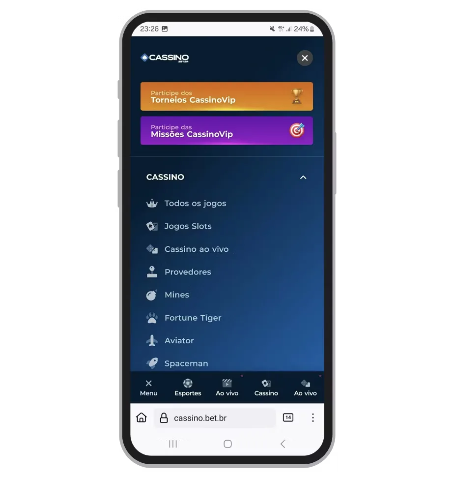 Menu lateral do cassino aberto no celular, listando todos os jogos, slots, cassino ao vivo, provedores e quatro títulos em destaque.