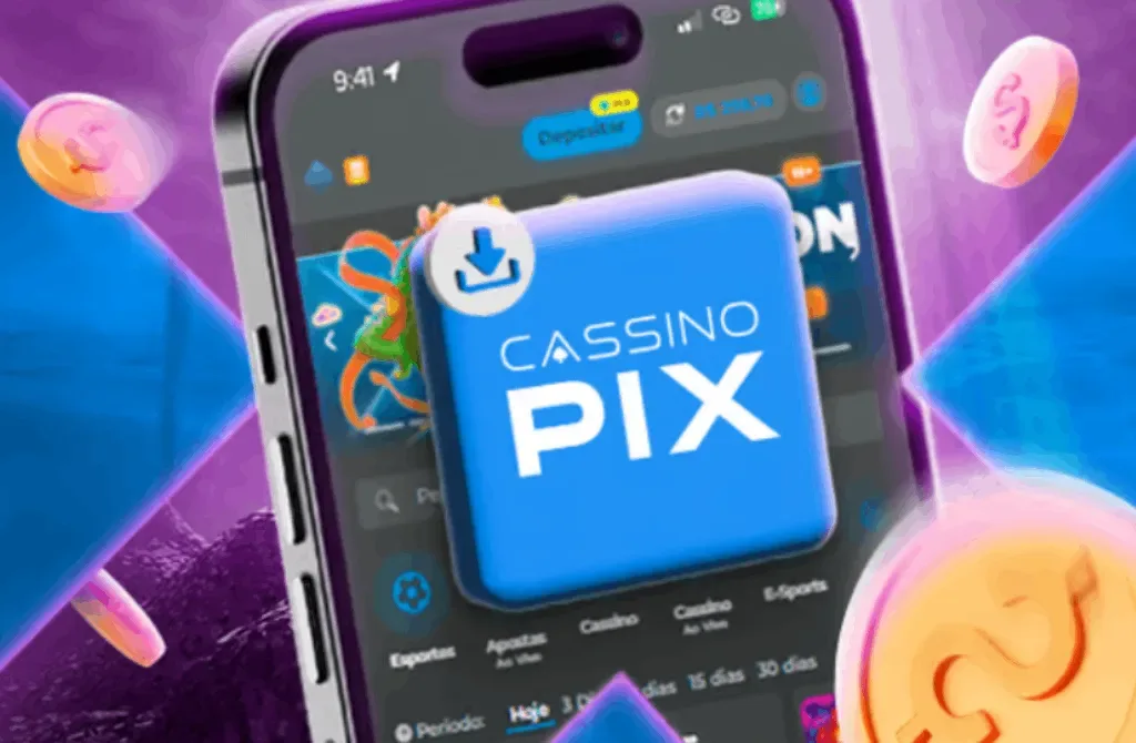 Arte de divulgação antiga com um celular e o logotipo «Cassino Pix» em destaque, o nome que a marca já não usa.