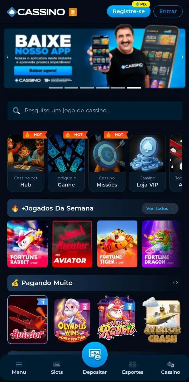 Página de celular com a chamada «Baixe nosso app» no topo, a busca de jogos logo abaixo e uma vitrine de títulos em duas faixas.